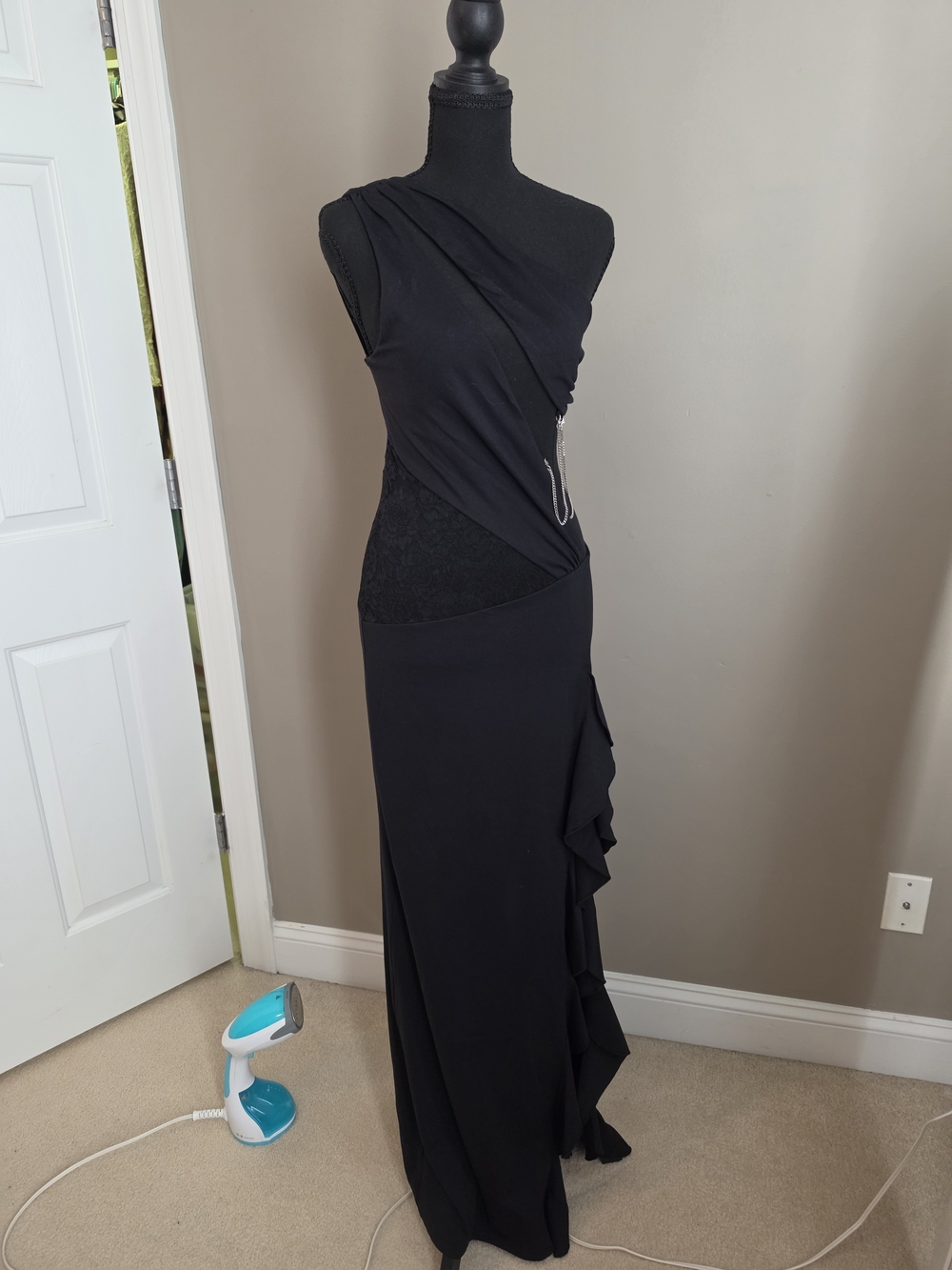 Black One-Shoulder Ruffle-Trim Evening Gown Worn Once